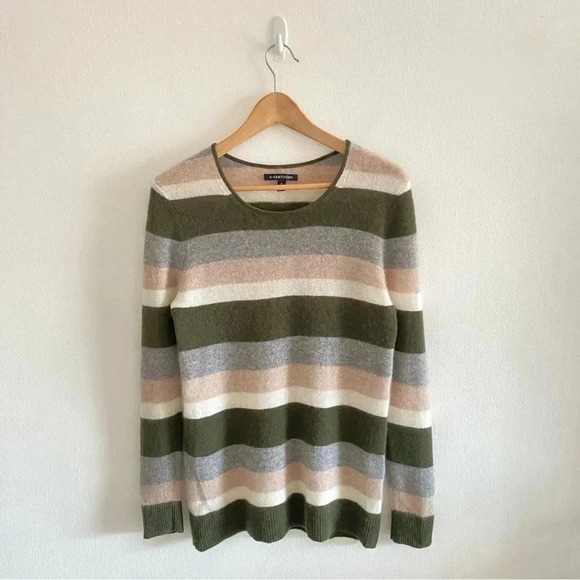 41 HAWTHORN SZ M Olive Gray Ivory Beige Stripe 100% Cashmere Pullover Sweater - Picture 2 of 8